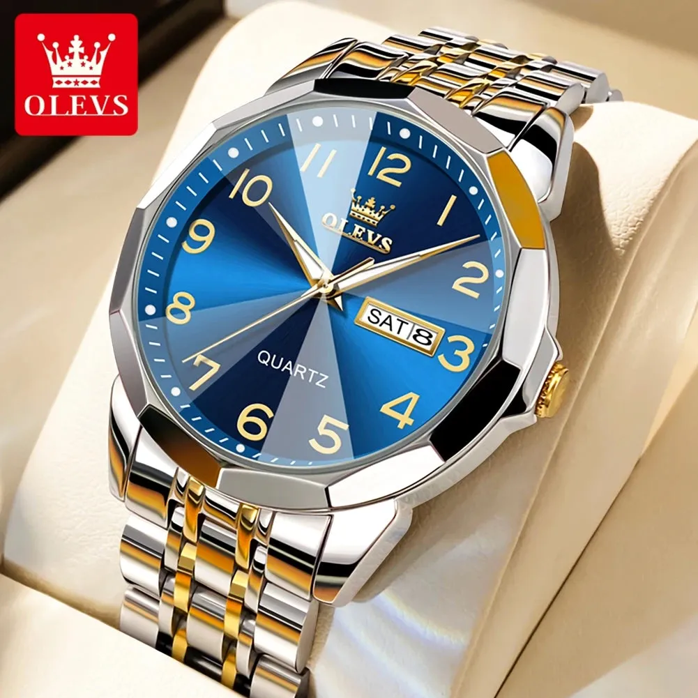 OLEVS Men's Watches Rhombus Mirror Original Quartz Watch for Man Waterproof Luminous Stainless Steel Wristwatch Male Date Week