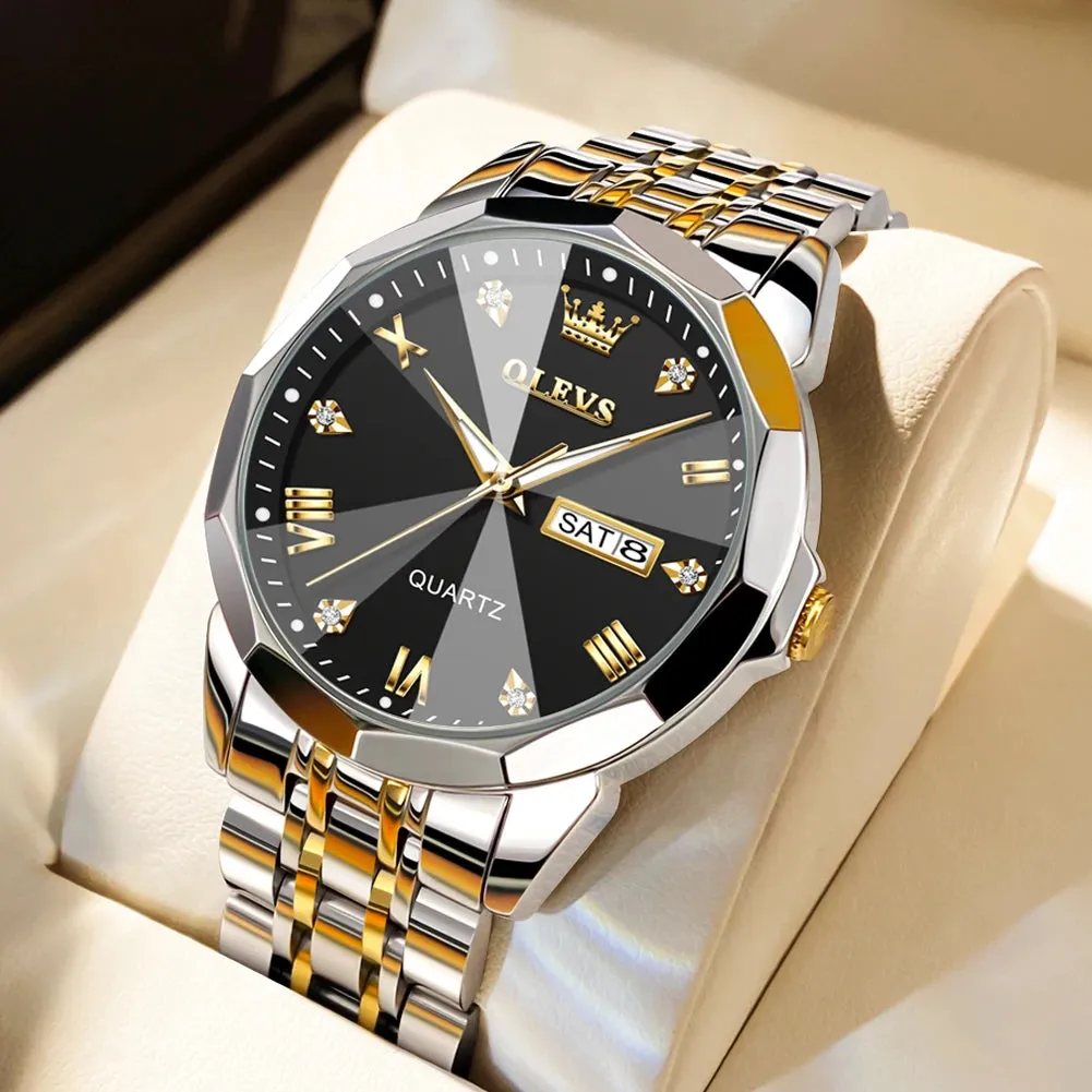 OLEVS Men's Watches Rhombus Mirror Original Quartz Watch for Man Waterproof Luminous Stainless Steel Wristwatch Male Date Week