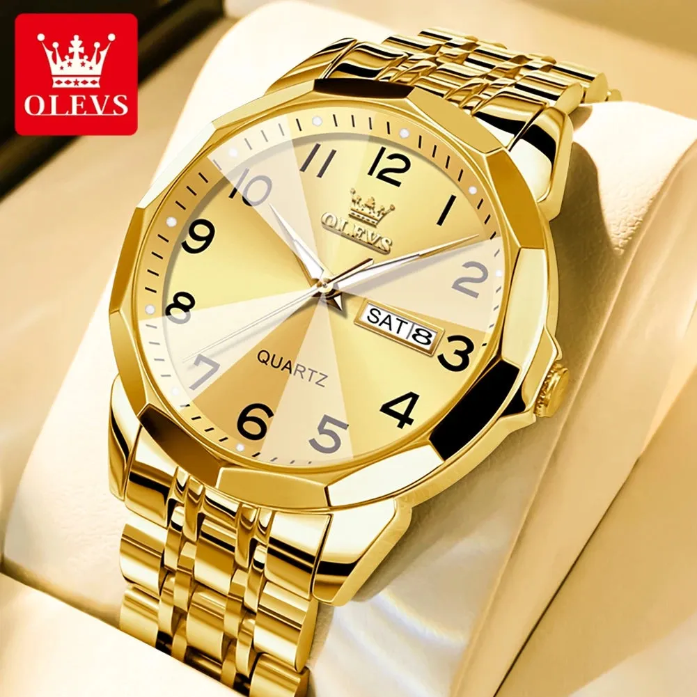OLEVS Men's Watches Rhombus Mirror Original Quartz Watch for Man Waterproof Luminous Stainless Steel Wristwatch Male Date Week