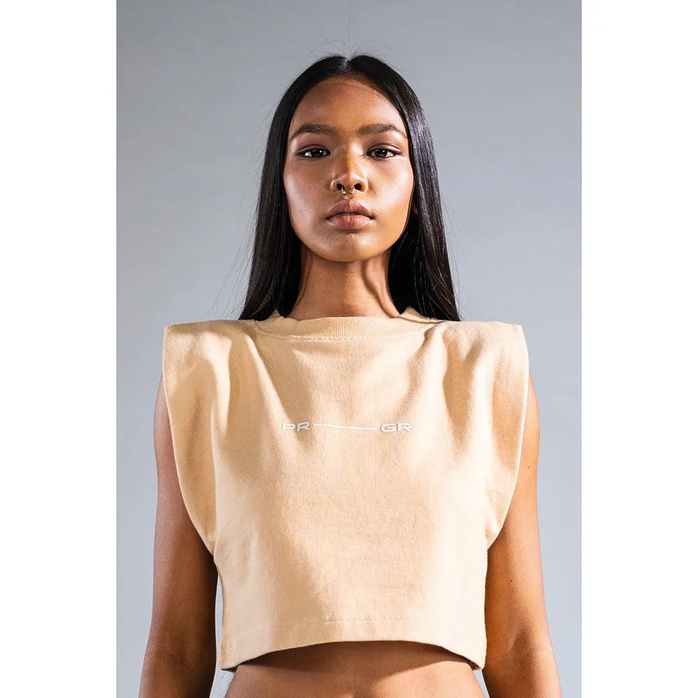 PRIMAL GRAY Beige Organic Cotton Rolled Shoulder Crop Top