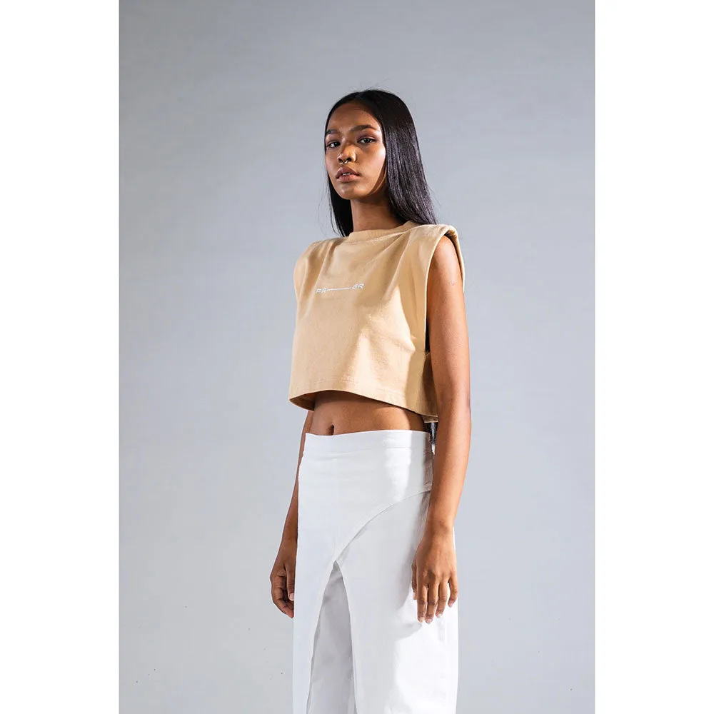 PRIMAL GRAY Beige Organic Cotton Rolled Shoulder Crop Top