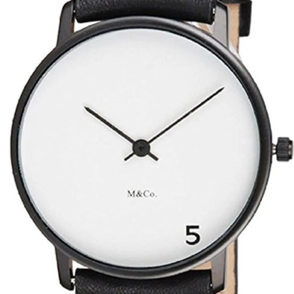 Projects Unisex 5 O'Clock Stainless Watch - Black Leather Strap - White Dial - 7404