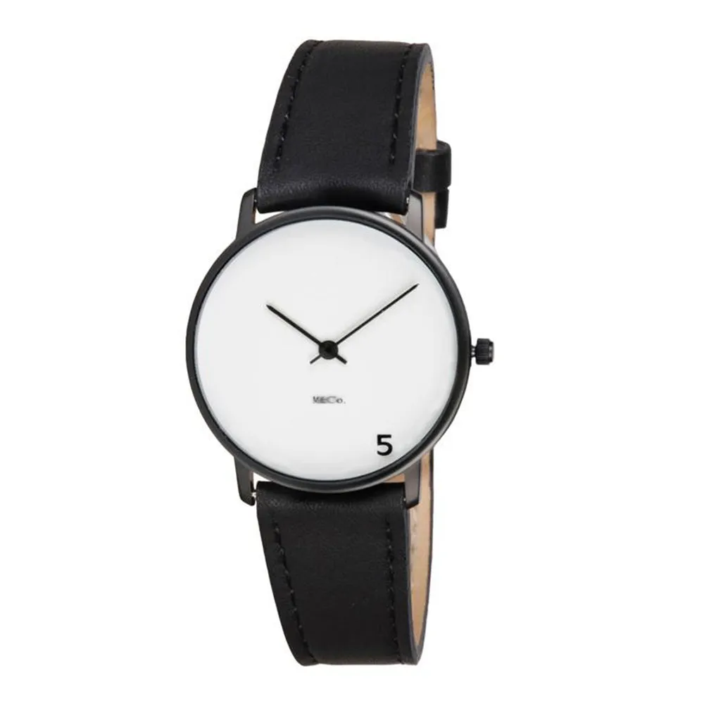 Projects Unisex 5 O'Clock Stainless Watch - Black Leather Strap - White Dial - 7404