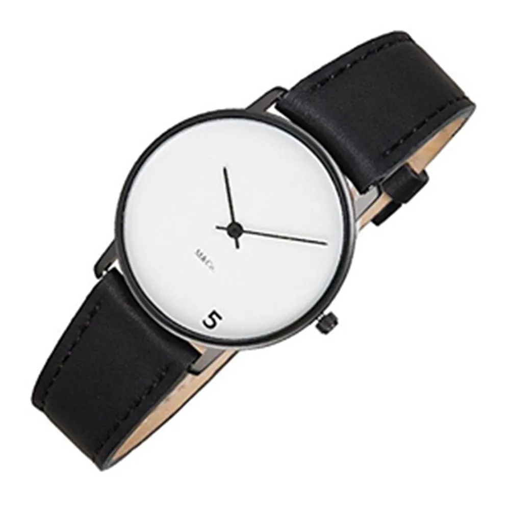 Projects Unisex 5 O'Clock Stainless Watch - Black Leather Strap - White Dial - 7404