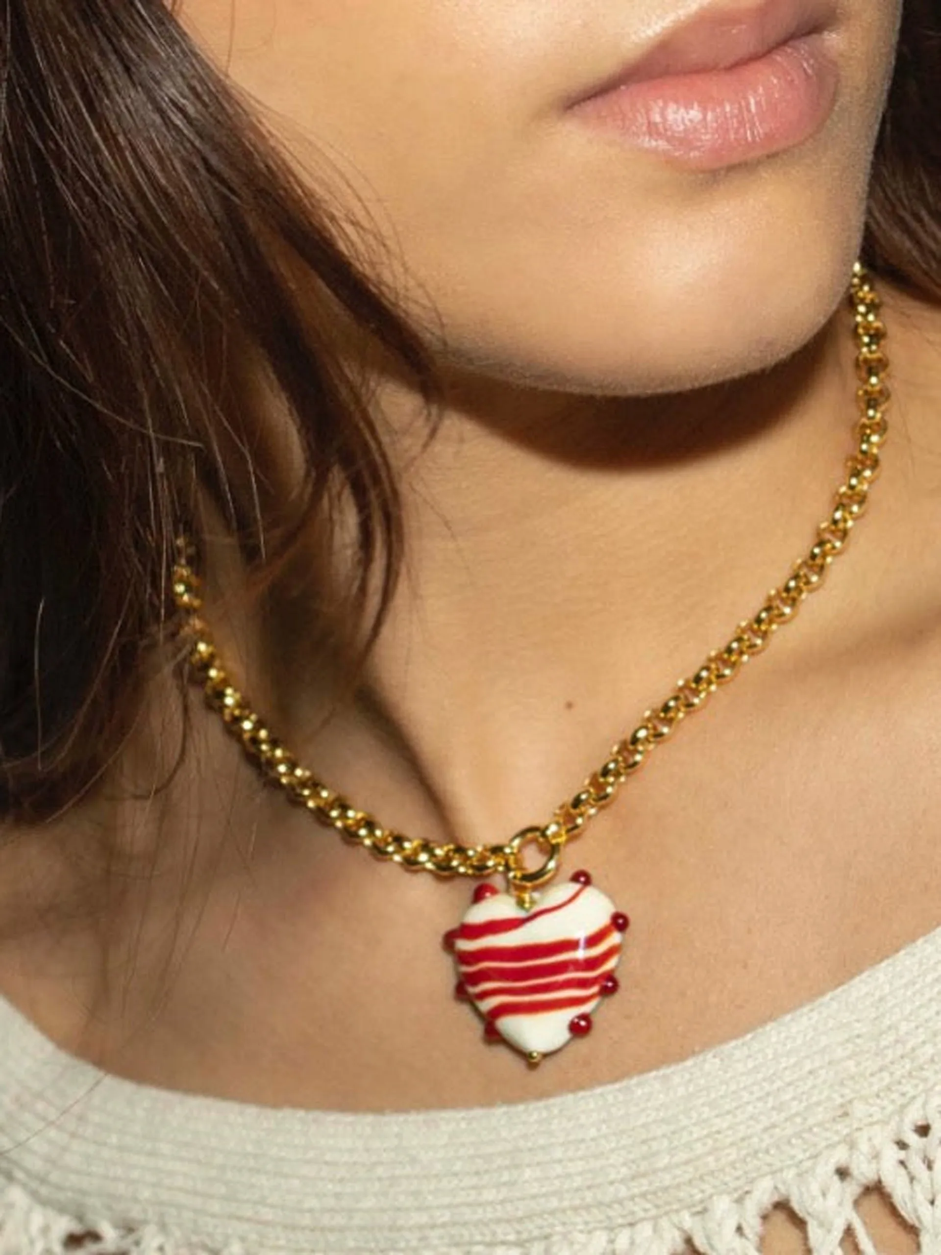 Red and ivory XL Milagros heart necklace on a belcher chain