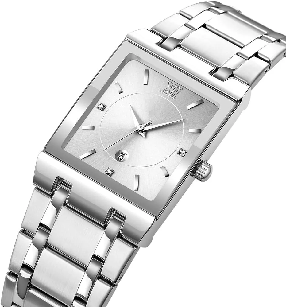 Reginald Fashion Square Watches for Men Date Waterproof Analog Quartz Watch Stainless Steel Fashion Business Casual Wristwatch