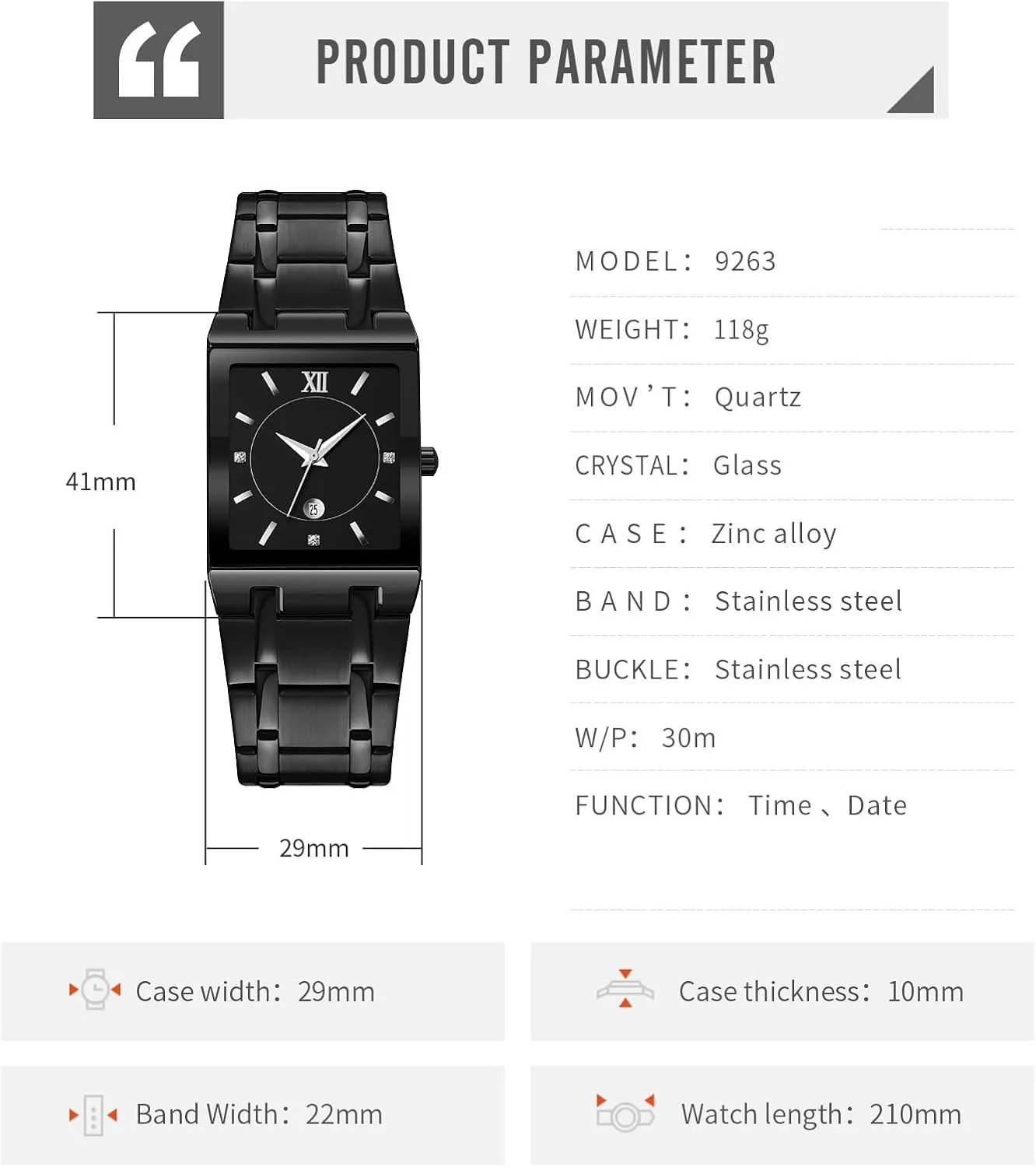 Reginald Fashion Square Watches for Men Date Waterproof Analog Quartz Watch Stainless Steel Fashion Business Casual Wristwatch