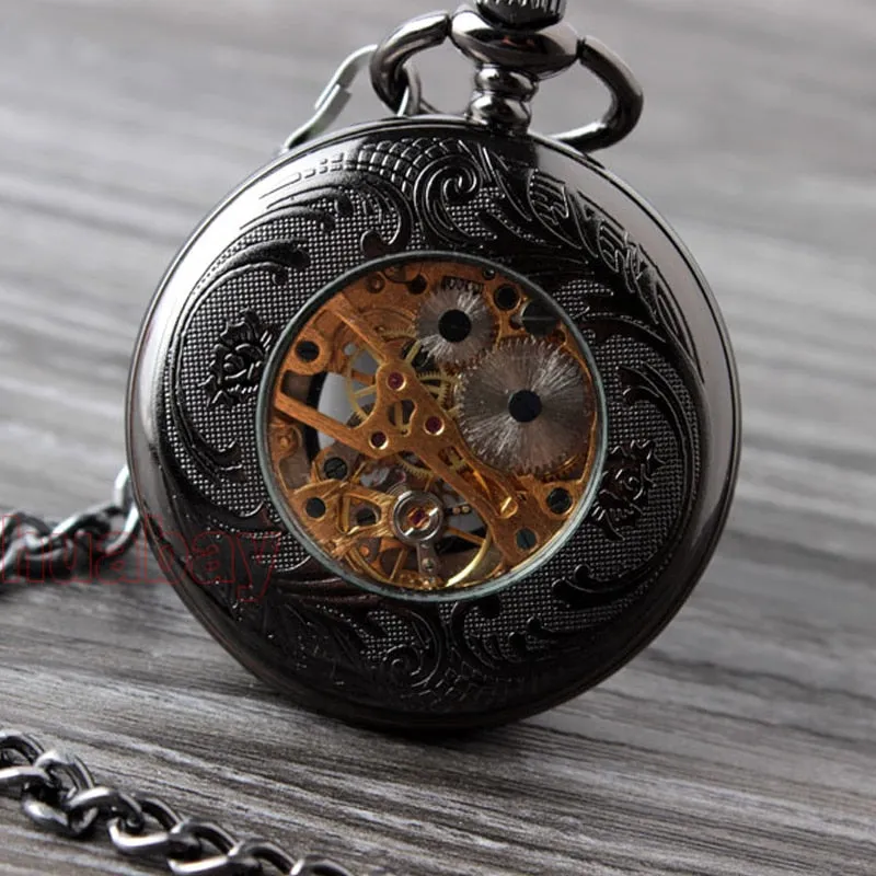 Retro Hand Wind Mechanical Pocket Watch With Fob Chain Mens