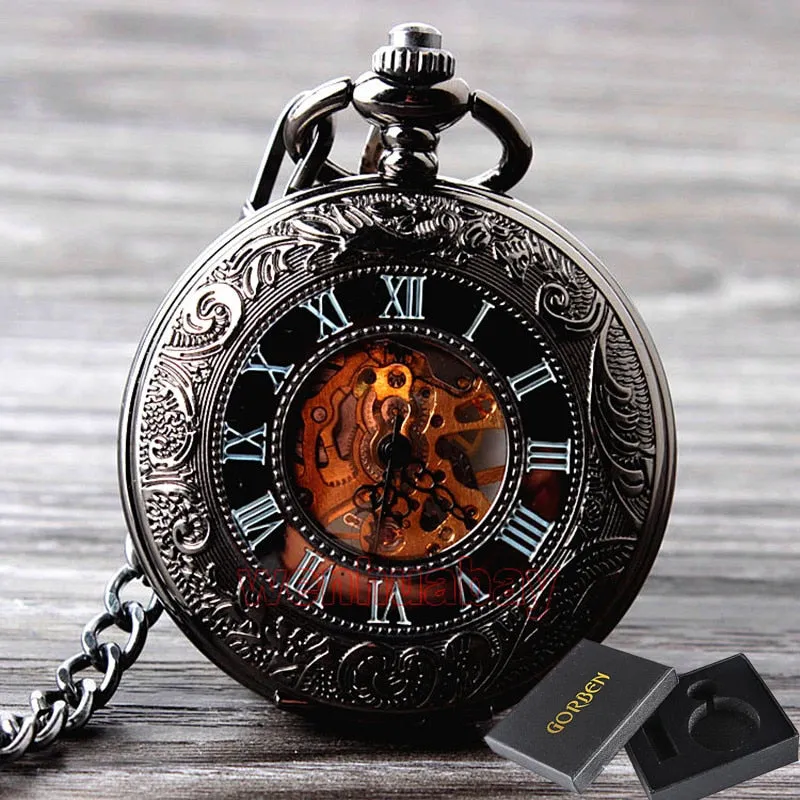 Retro Hand Wind Mechanical Pocket Watch With Fob Chain Mens