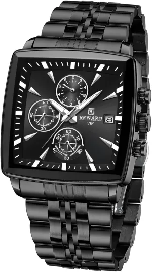 REWARD Quartz Mens Watch Classic Square Watches Man Waterproof Luminous Stainless Business Mens Wristwatch Black