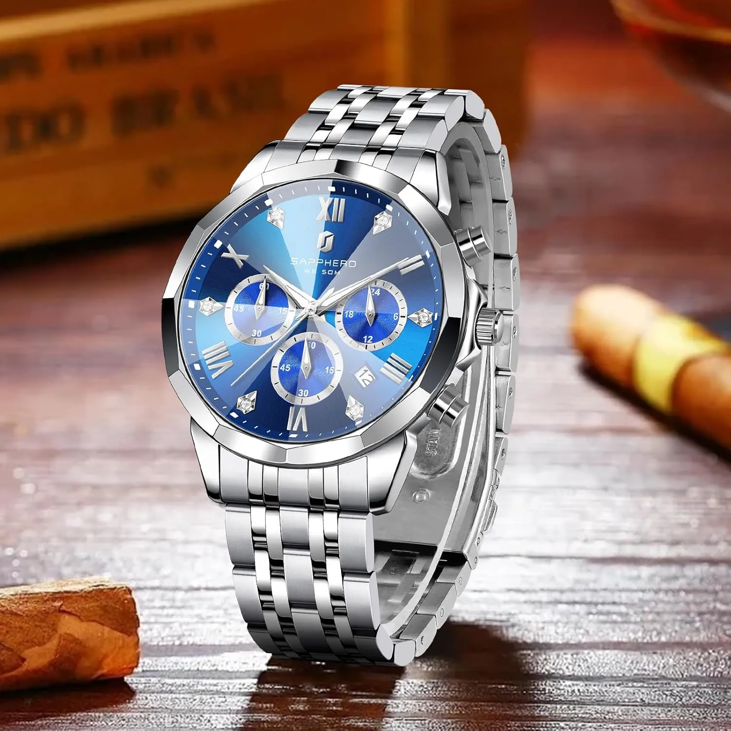 SAPPHERO Mens Watches Chronograph Diamond Business Dress Stainless Steel Analog Quartz Watch Waterproof Luminous Date Luxury Casual Work Wrist Watches for Men Elegant Gifts