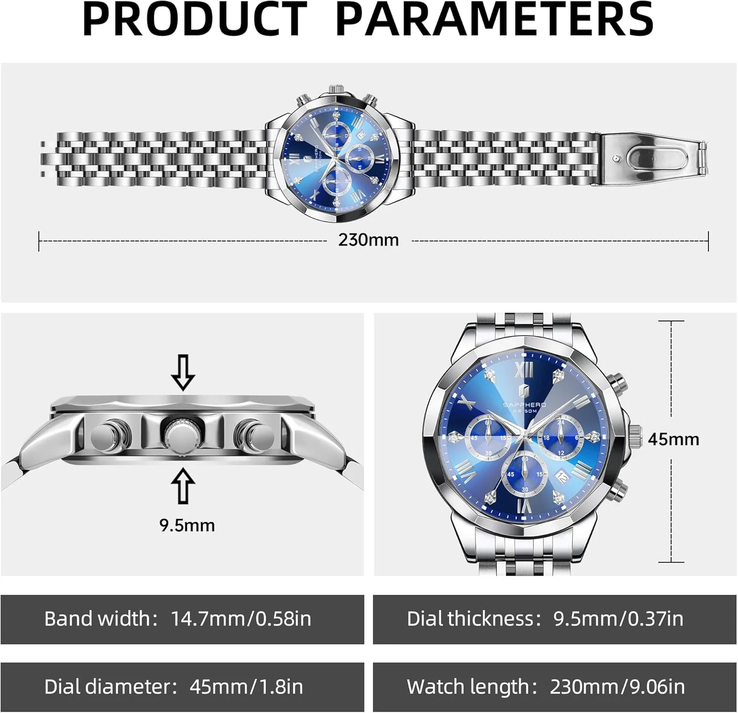 SAPPHERO Mens Watches Chronograph Diamond Business Dress Stainless Steel Analog Quartz Watch Waterproof Luminous Date Luxury Casual Work Wrist Watches for Men Elegant Gifts