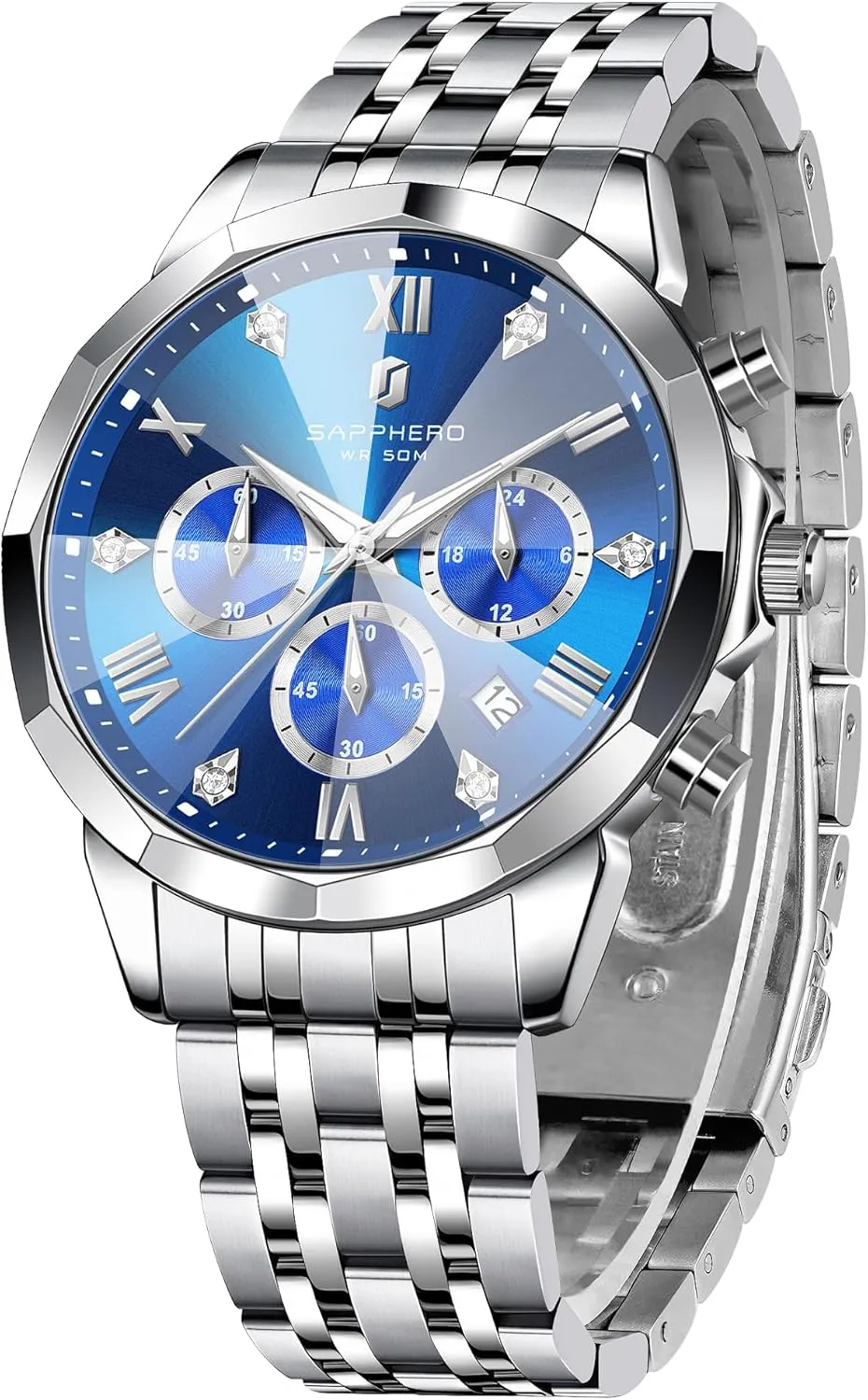 SAPPHERO Mens Watches Chronograph Diamond Business Dress Stainless Steel Analog Quartz Watch Waterproof Luminous Date Luxury Casual Work Wrist Watches for Men Elegant Gifts