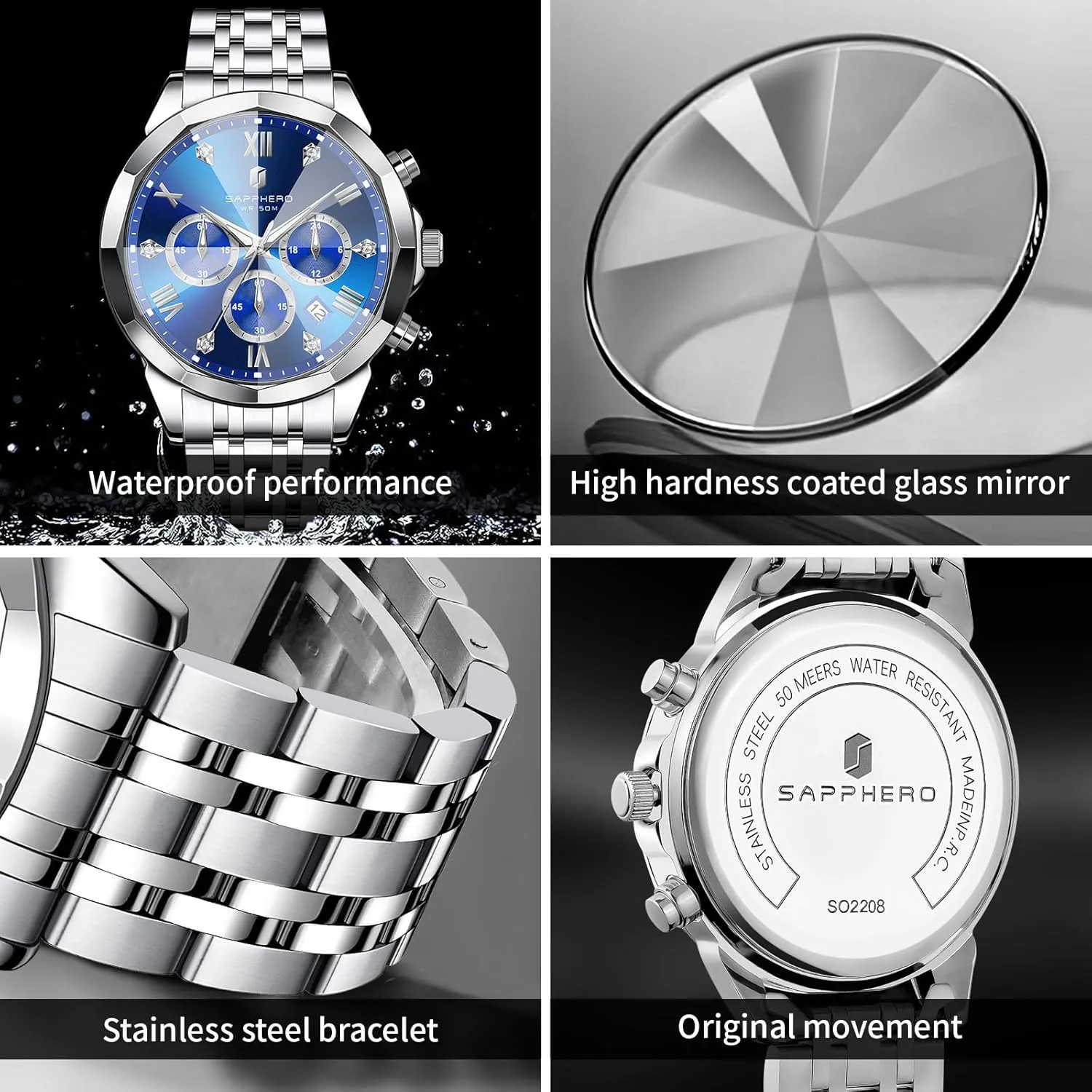 SAPPHERO Mens Watches Chronograph Diamond Business Dress Stainless Steel Analog Quartz Watch Waterproof Luminous Date Luxury Casual Work Wrist Watches for Men Elegant Gifts