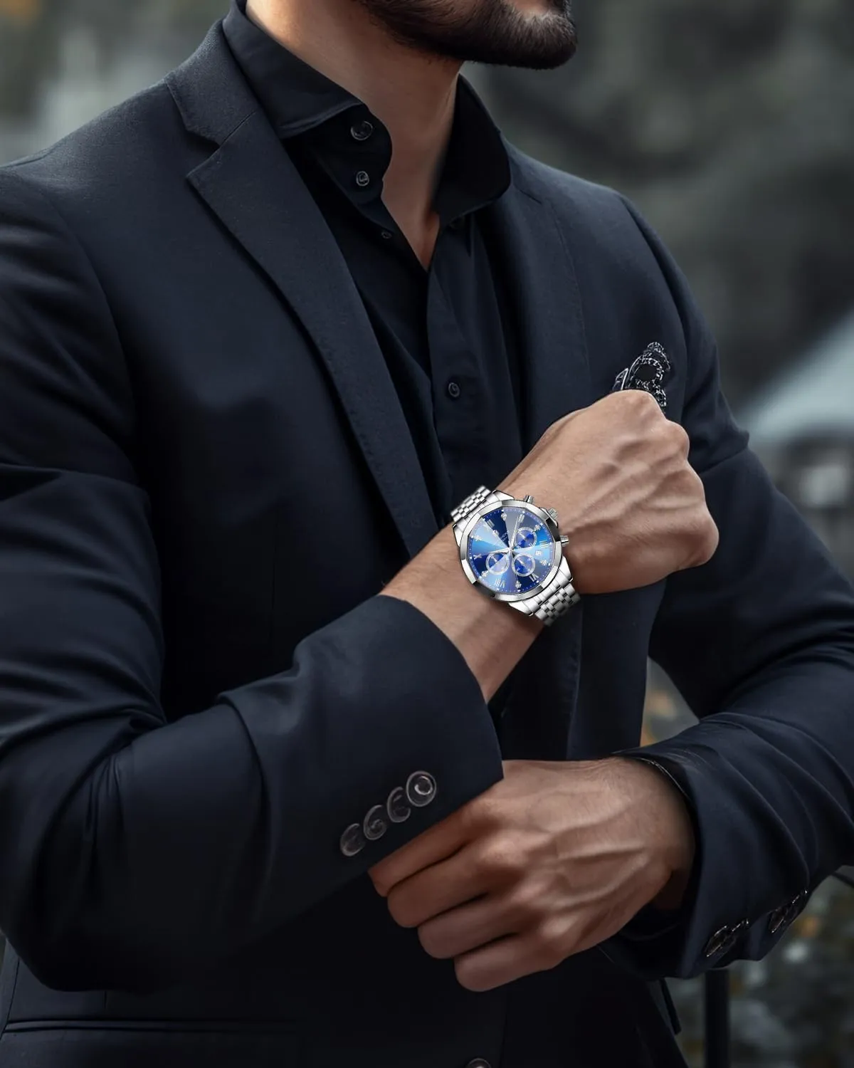 SAPPHERO Mens Watches Chronograph Diamond Business Dress Stainless Steel Analog Quartz Watch Waterproof Luminous Date Luxury Casual Work Wrist Watches for Men Elegant Gifts