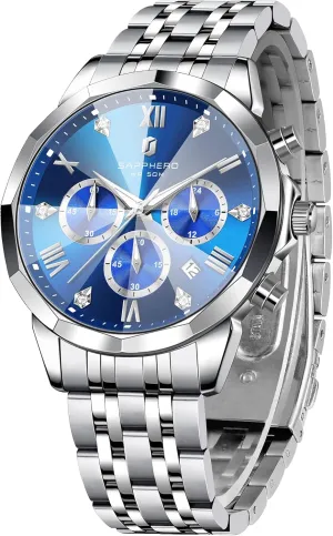 SAPPHERO Mens Watches Chronograph Diamond Business Dress Stainless Steel Analog Quartz Watch Waterproof Luminous Date Luxury Casual Work Wrist Watches for Men Elegant Gifts
