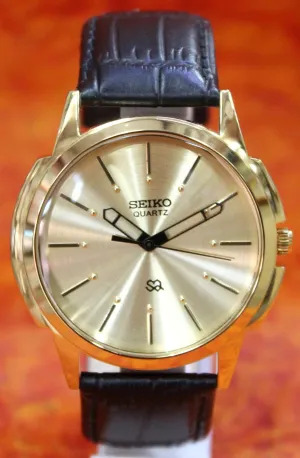 Seiko Quartz Japan Made Gold Plated Case Gold Dial Faux Leather Strap Wristwatch