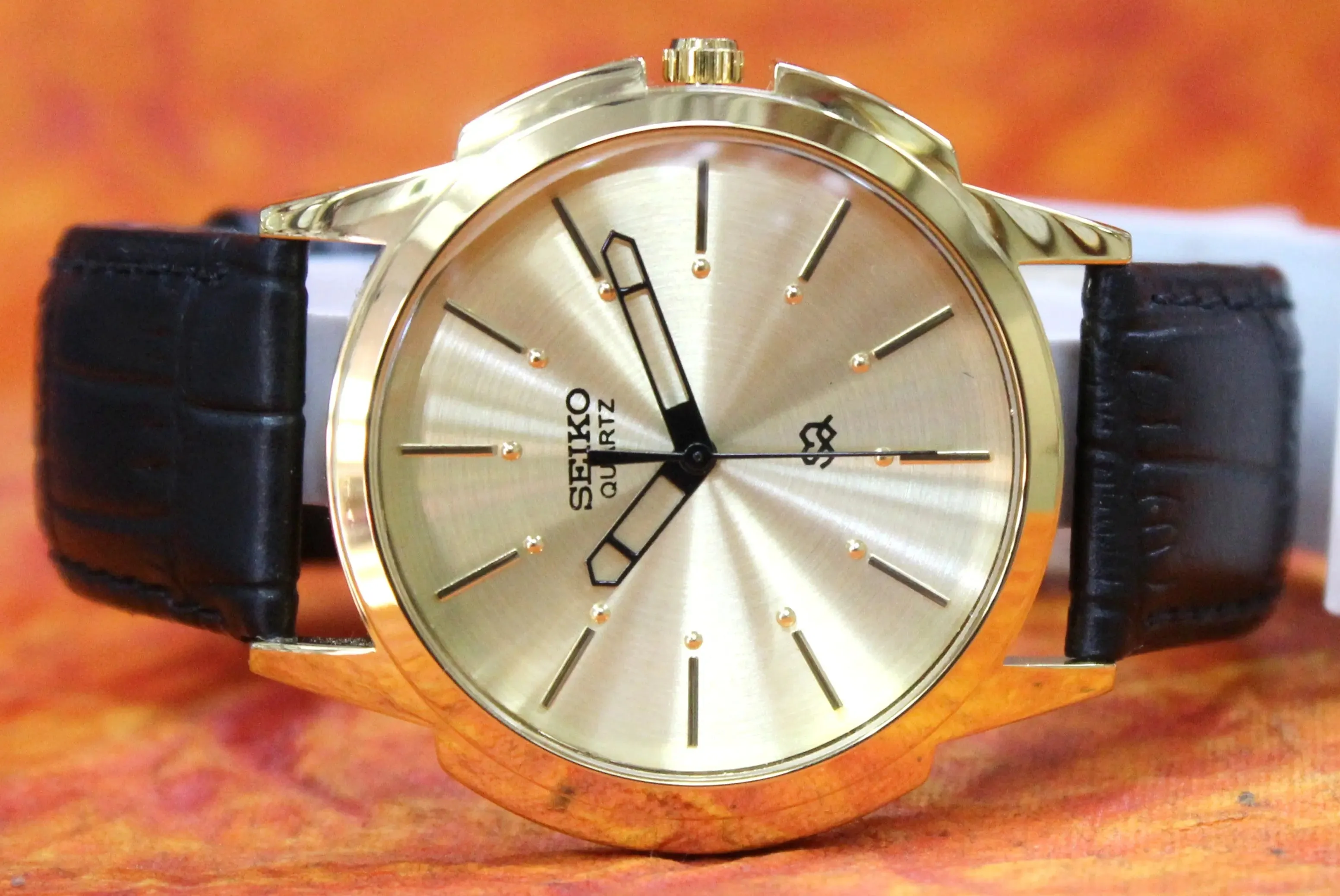 Seiko Quartz Japan Made Gold Plated Case Gold Dial Faux Leather Strap Wristwatch