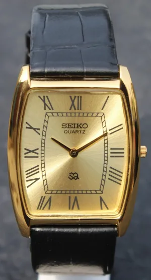 Seiko Quartz Super Slim Two Hands Japan Made Gold Plated Case Golden Dial Wristwatch