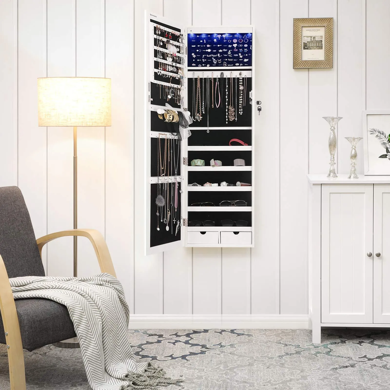 SONGMICS 6 LEDs Mirror Jewelry Cabinet Lockable Wall/Door Mounted Jewelry Armoire Organizer with Mirror, 2 Drawers, Pure White UJJC93W