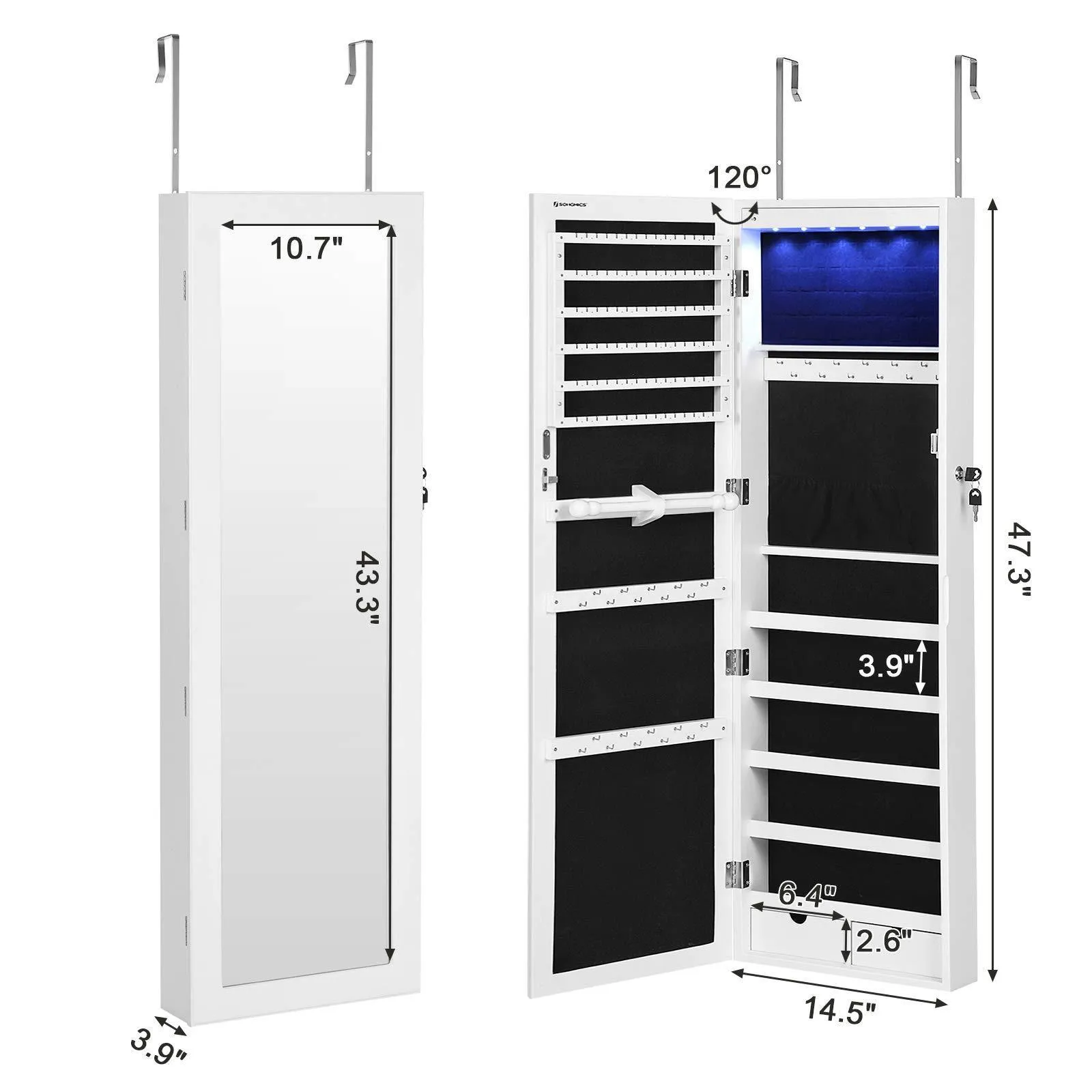 SONGMICS 6 LEDs Mirror Jewelry Cabinet Lockable Wall/Door Mounted Jewelry Armoire Organizer with Mirror, 2 Drawers, Pure White UJJC93W