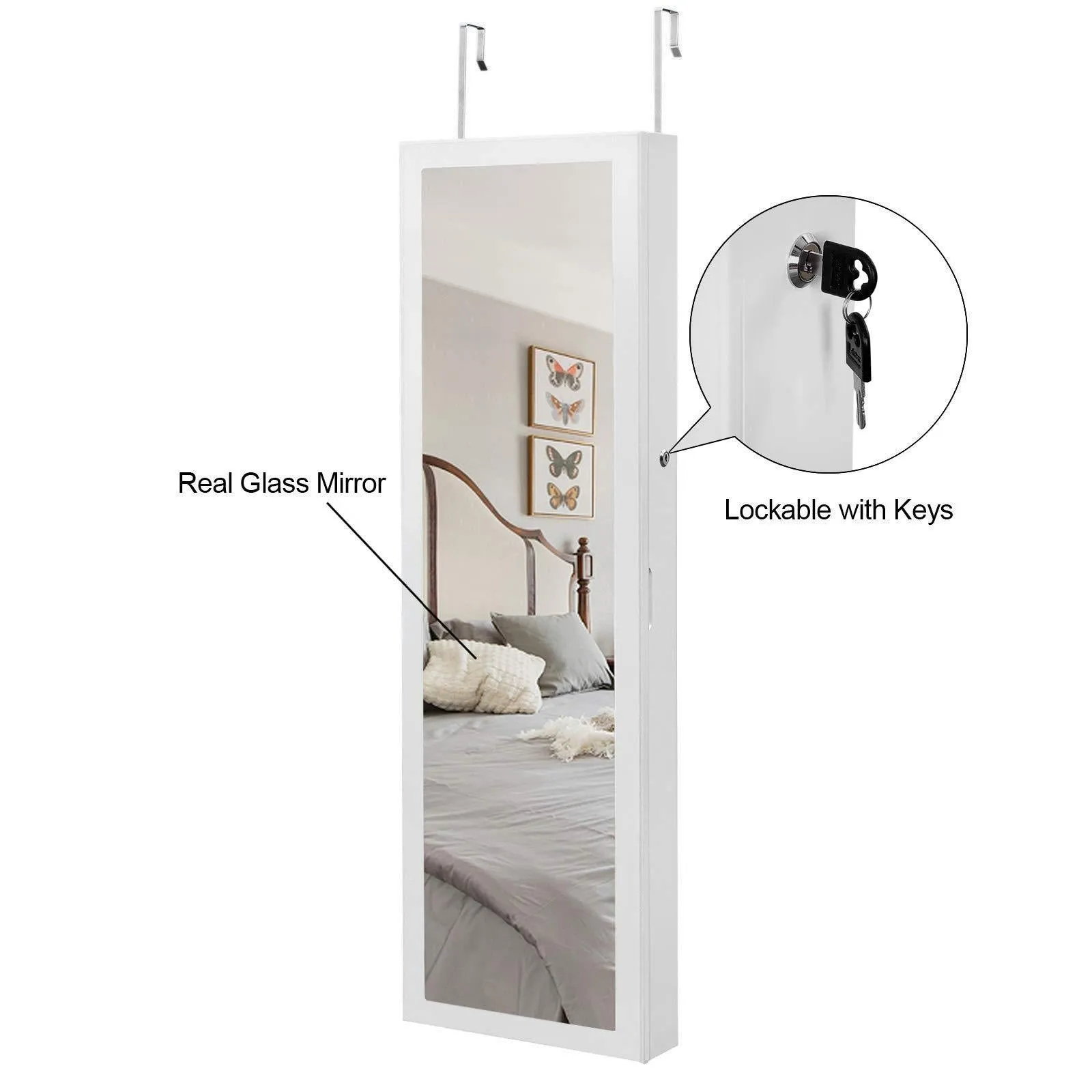 SONGMICS 6 LEDs Mirror Jewelry Cabinet Lockable Wall/Door Mounted Jewelry Armoire Organizer with Mirror, 2 Drawers, Pure White UJJC93W