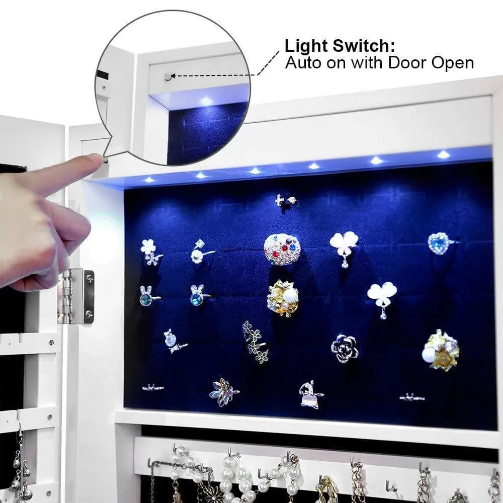 SONGMICS 6 LEDs Mirror Jewelry Cabinet Lockable Wall/Door Mounted Jewelry Armoire Organizer with Mirror, 2 Drawers, Pure White UJJC93W