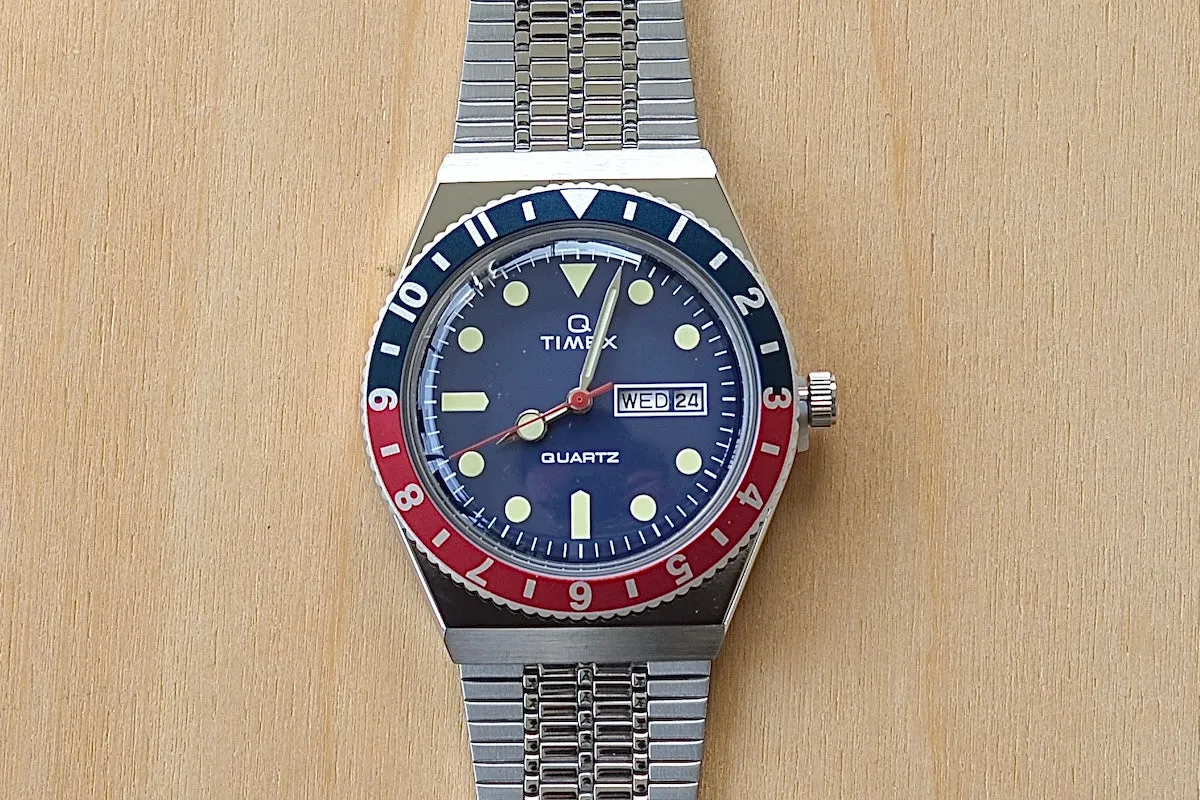 Timex Q Diver Reissue Blue Dial Red/Blue Bezel Stainless Bracelet