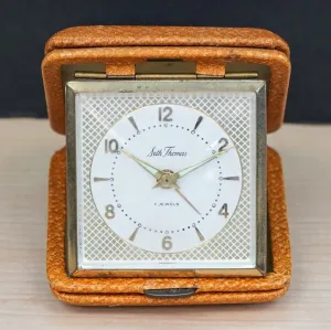 Vintage SETH THOMAS Wind-Up Travel Alarm Clock 7 Jewels Original Genuine Leather Case
