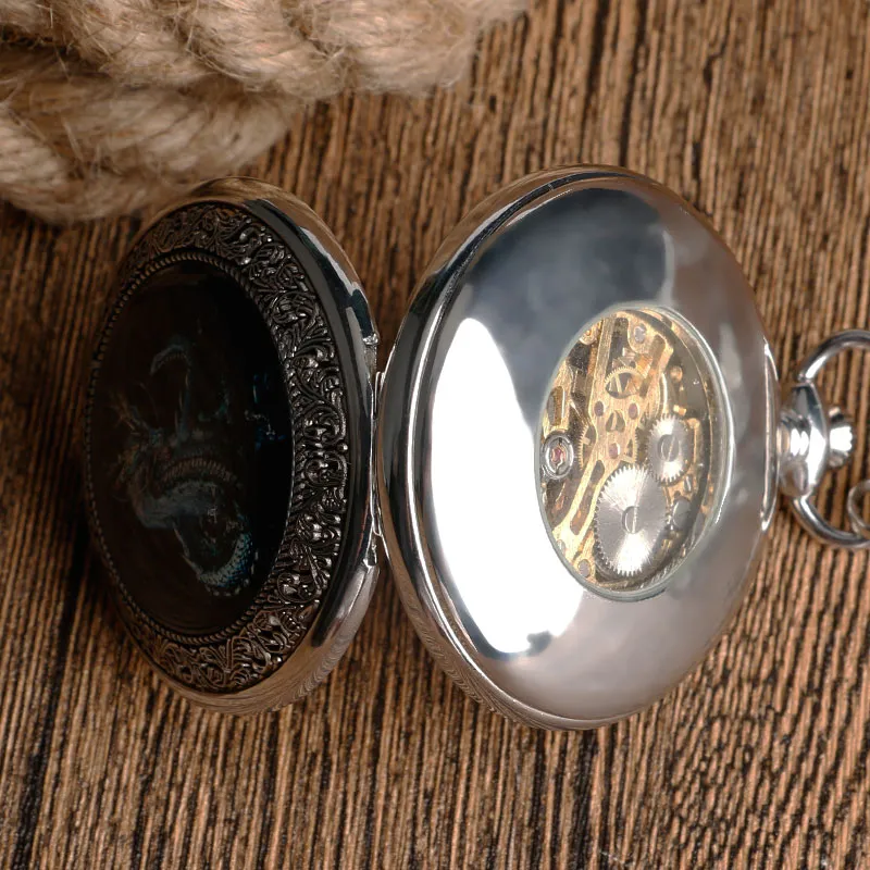 Vintage Silver Mechanical Pocket Watches / Fashion Unisex Hand-Wind Watches with Sky Dragon