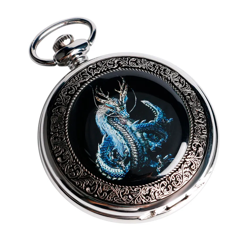 Vintage Silver Mechanical Pocket Watches / Fashion Unisex Hand-Wind Watches with Sky Dragon
