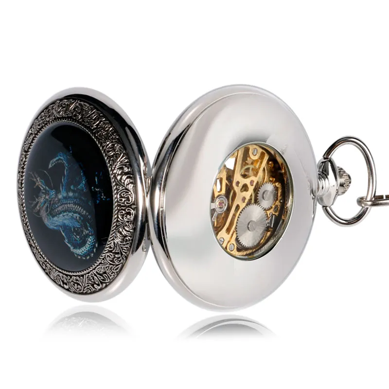 Vintage Silver Mechanical Pocket Watches / Fashion Unisex Hand-Wind Watches with Sky Dragon
