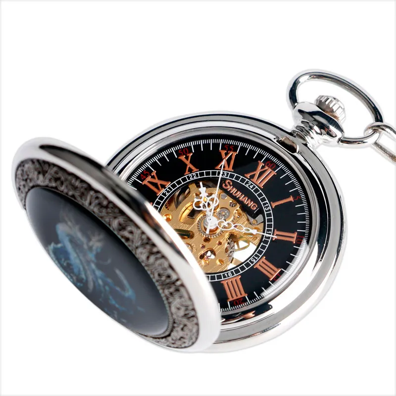 Vintage Silver Mechanical Pocket Watches / Fashion Unisex Hand-Wind Watches with Sky Dragon