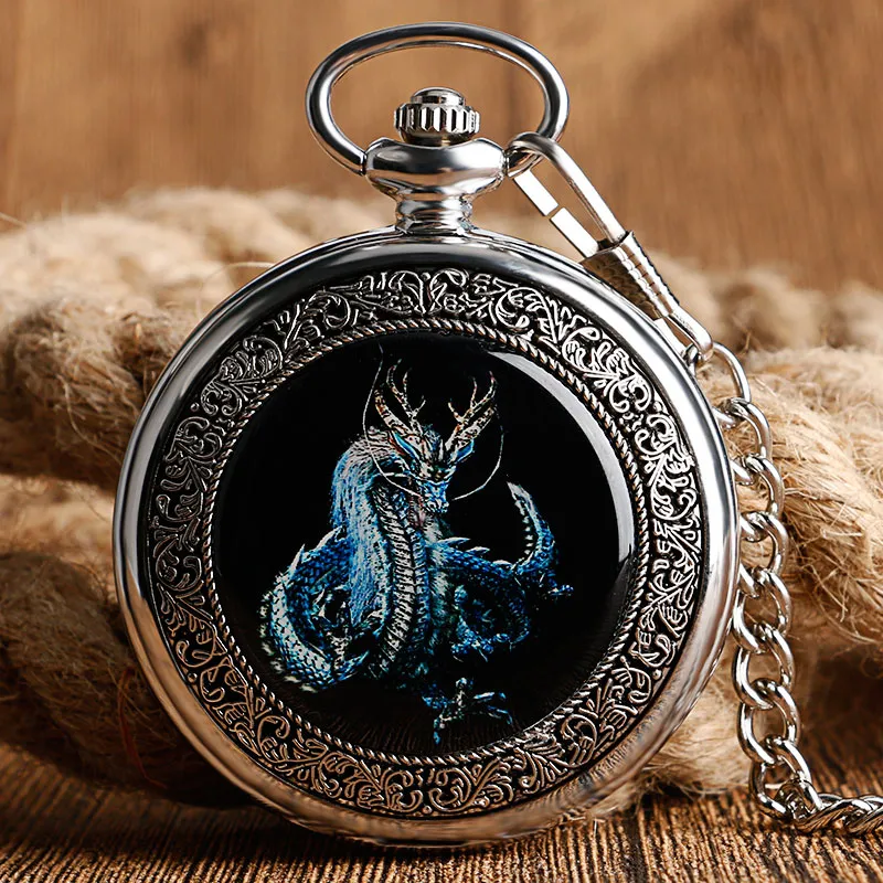 Vintage Silver Mechanical Pocket Watches / Fashion Unisex Hand-Wind Watches with Sky Dragon