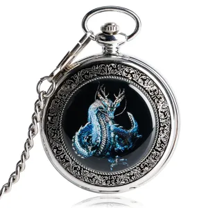 Vintage Silver Mechanical Pocket Watches / Fashion Unisex Hand-Wind Watches with Sky Dragon
