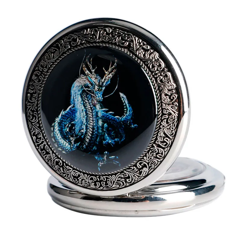 Vintage Silver Mechanical Pocket Watches / Fashion Unisex Hand-Wind Watches with Sky Dragon
