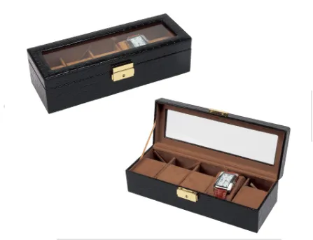 Watch collection case, crocodile-like fabric, holds 5 watches, window glass, unit of 1 AO-W-3000