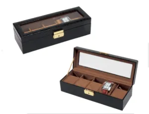 Watch collection case, crocodile-like fabric, holds 5 watches, window glass, unit of 1 AO-W-3000