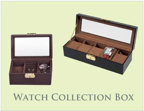 Watch collection case, crocodile-like fabric, holds 5 watches, window glass, unit of 1 AO-W-3000