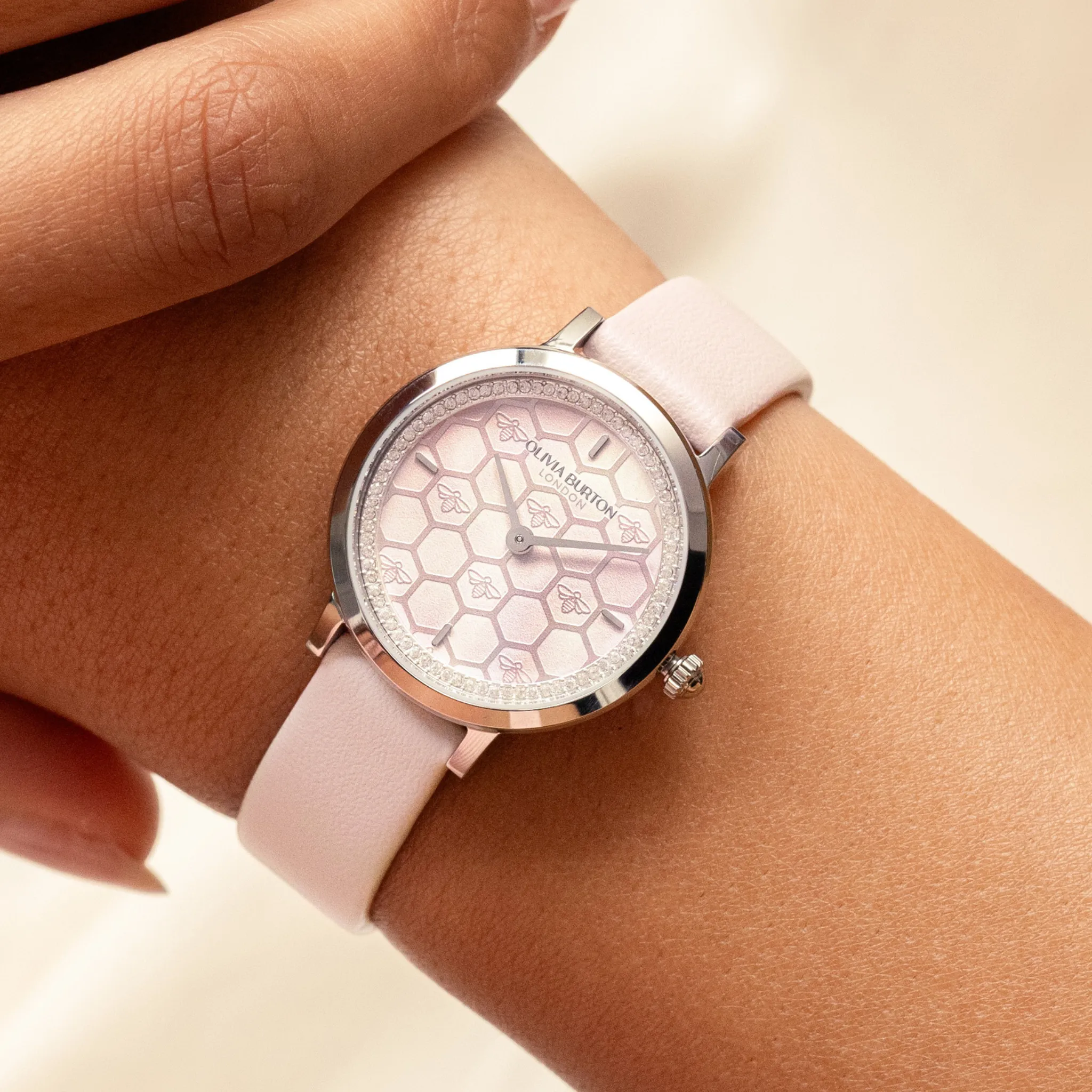 Womens Olivia Burton Pink Honeycomb Ultra Slim Leather Watch