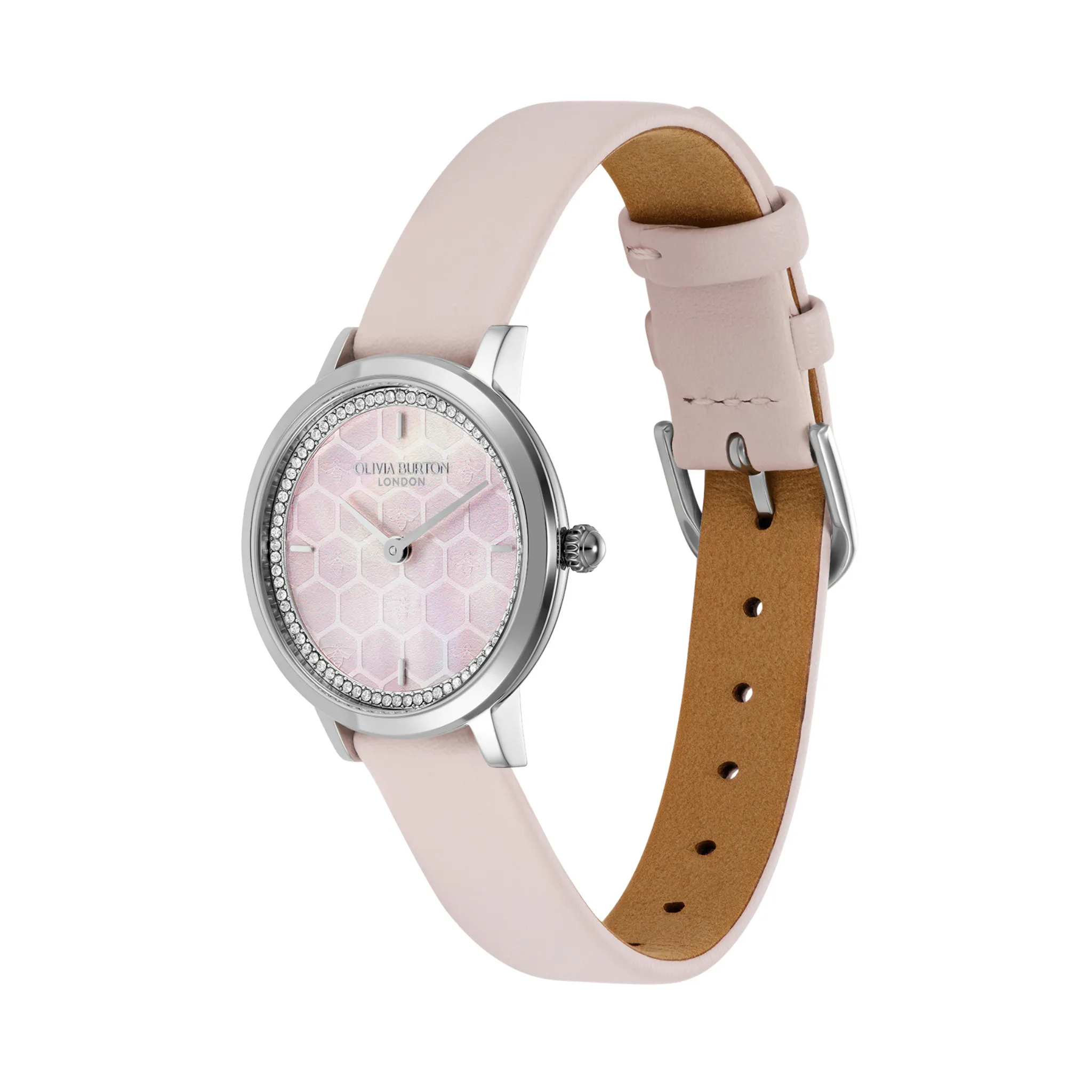 Womens Olivia Burton Pink Honeycomb Ultra Slim Leather Watch