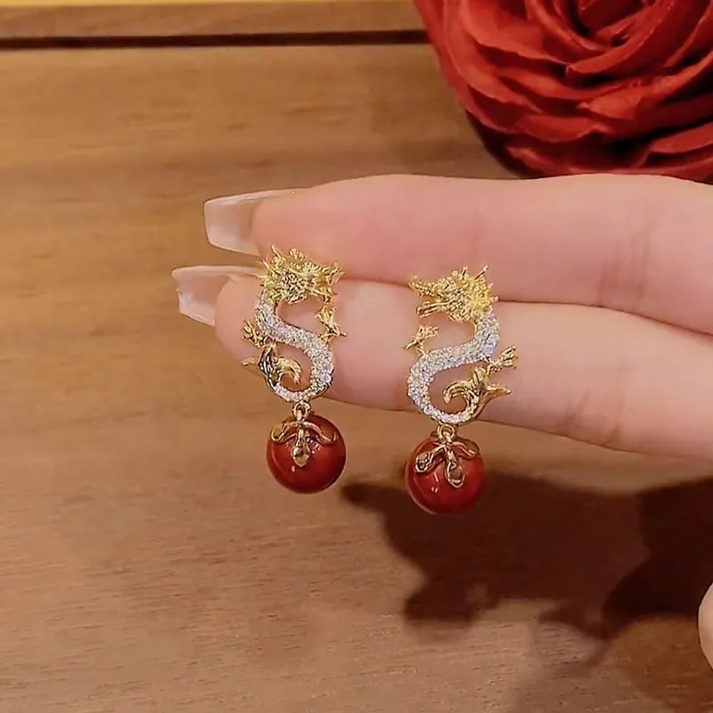 Zodiac Dragon Red Bead Earrings